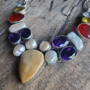 ARTISAN Handcrafted .925 Hammered Silver Multi Gem Stone Statement Necklace‎